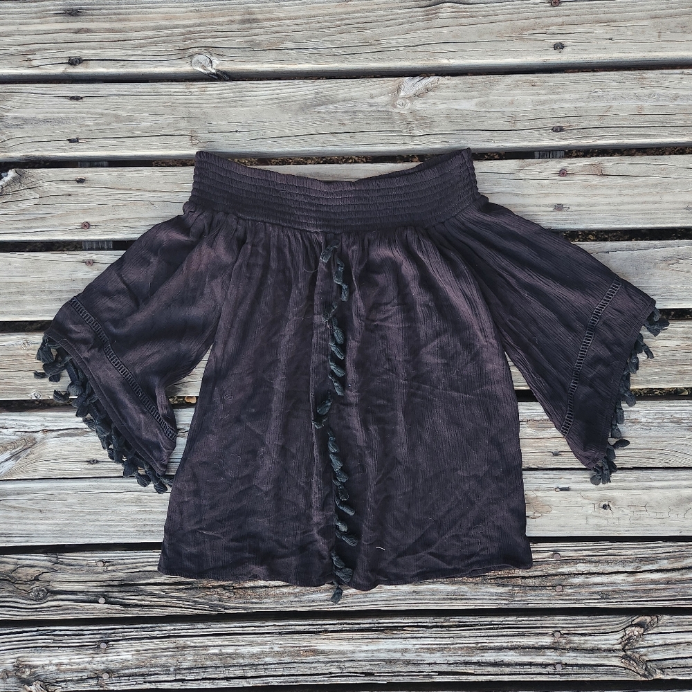 Black Off The Shoulder Tassel Boho Bell Sleeve Western Top Small Beach